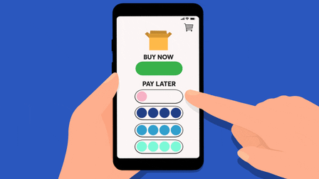 Illustration of phone in hand showing Buy Now Pay Later concept.